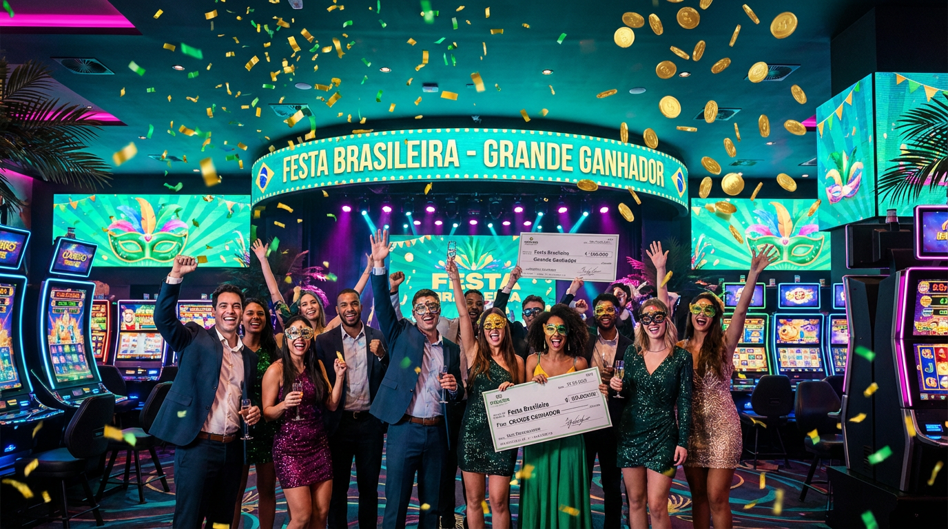 Celebração brasileira de grande vitória no cassino fuwin com confetes coloridos e moedas douradas